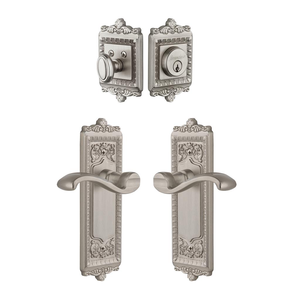 Grandeur by Nostalgic Warehouse Single Cylinder Combo Pack Keyed Differently - Windsor Plate with Portofino Lever and Matching Deadbolt in Satin Nickel